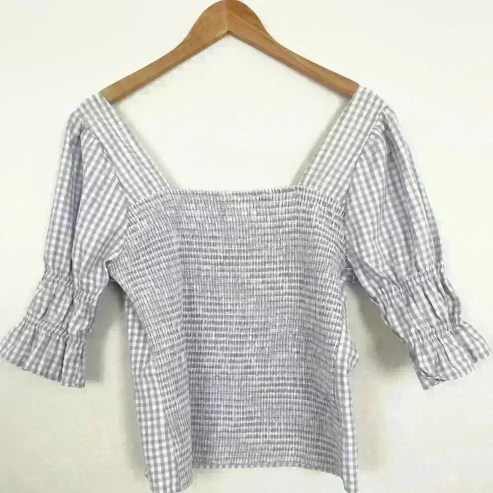 Sunny Leigh Woman’s Square Neck Gingham Print Puff Sleeves Y2K Blue Sz L Ruched